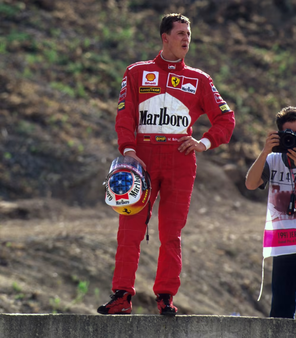 vincenzolandino's tweet photo. I watched AIR, which got me thinking about Nike and F1.

In the late '90s, Nike wanted to make strides in racing and partnered with the dominant world champion, Michael Schumacher.

He received a fresh pair of Nikes for every race of the season — his favorite shoes to race in. https://t.co/r4S9xr9PA2