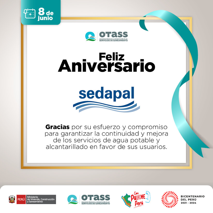 OtassPeru's tweet image. 🙌 ¡Enviamos un afectuoso saludo a toda la familia de #Sedapal por su 61.º aniversario institucional!
💧 Desde el #Otass valoramos el esfuerzo que realizan por brindar un mejor servicio de #aguapotable y #alcantarillado, en beneficio de los usuarios de #Lima y #Callao.