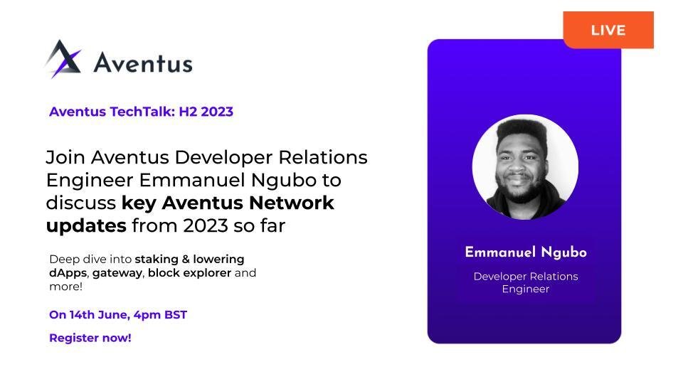 AventusNetwork's tweet photo. Join Emmanuel Ngubo (@Dr_Ngubo), Developer Relations Engineer at Aventus, to discuss the major updates on the Aventus Network in 2023 thus far!

🗓️ June 14th 
🕓4 PM BST

Register at: https://t.co/QJrlFbYQi1 https://t.co/U4zUUlYGGm