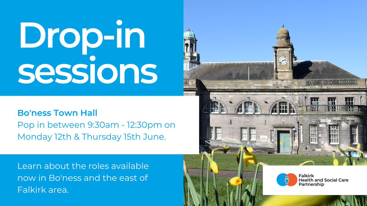 Falkirk Health and Social Care Partnership (@falkirkhscp) on Twitter photo Personal carer roles are currently available in Bo'ness & east of Falkirk area with <a href="/falkirkcouncil/">Falkirk Council</a>  
Pop in to our drop-in sessions to learn more & chat to members of the home care team:
📍 Bo'ness Town Hall
📅Mon 12th / Thurs 15th June
⌚0930 - 1230
falkirkhscp.org/boness-recruit… Personal carer roles are currently available in Bo'ness & east of Falkirk area with <a href="/falkirkcouncil/">Falkirk Council</a>  
Pop in to our drop-in sessions to learn more & chat to members of the home care team:
📍 Bo'ness Town Hall
📅Mon 12th / Thurs 15th June
⌚0930 - 1230
falkirkhscp.org/boness-recruit…