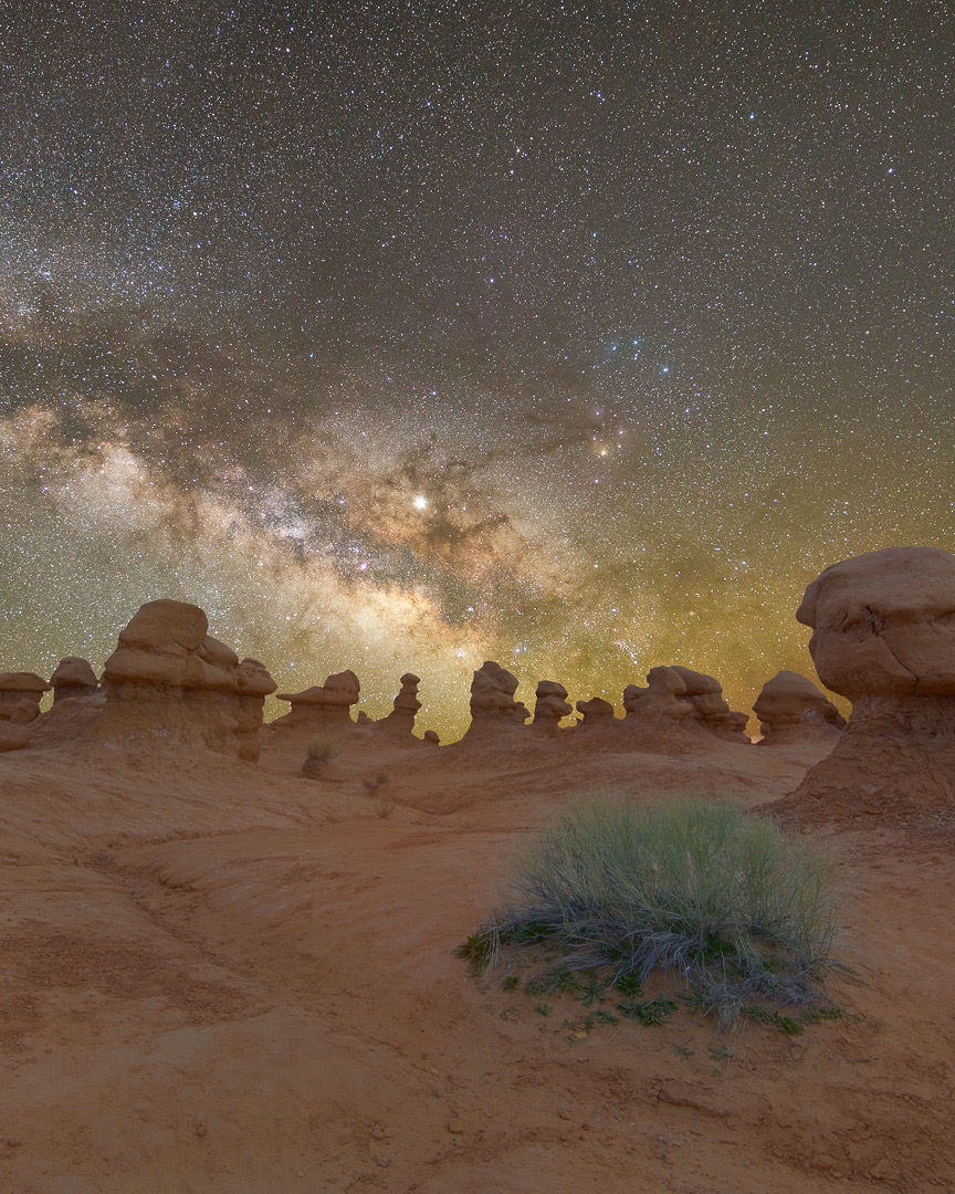 A little bush in a beautiful barren landscape reminds us that sometimes the seemingly impossible is possible.

composite image 
Canon 6D Rokinon 14mm f/2.8
Stars- tracked 226 s f/3.5 ISO 1600
Blue hour foreground-30 s at f /9 ISO 320
 #NightPhotography  #milkyway  #photography