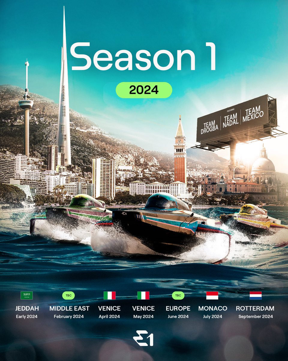 2024: SEASON 1 CALENDAR ⬇️⬇️⬇️

Jeddah 🇸🇦
TBA 🔜
Venice 🇮🇹
Venice 🇮🇹
TBA 🔜
Monaco 🇲🇨
Rotterdam 🇳🇱

Iconic cities for a soon-to-be iconic sport ⚡️

#E1Series | #ChampionsOfTheWater