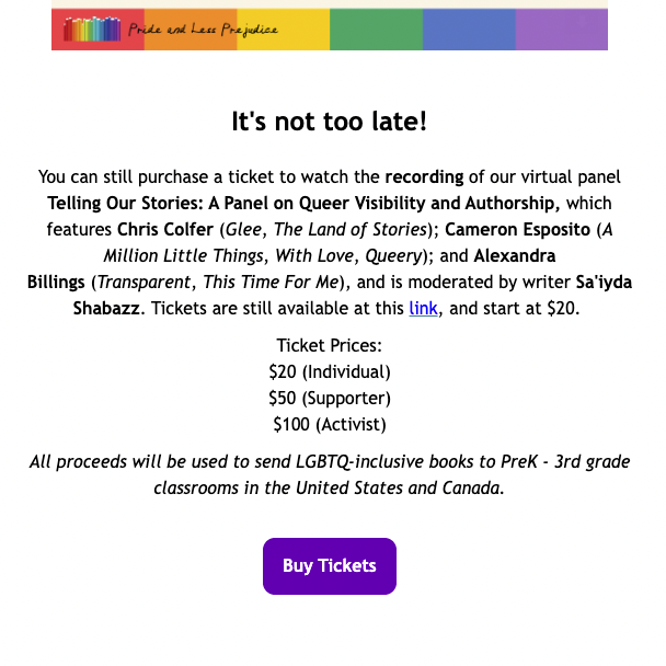 🎉🏳️‍⚧️🏳️‍🌈It's not too late! This amazing, chilling, hilarious, inspiring #Pride chat is still available from @LessPrejudice (SO good!) 🌈ALL PROCEEDS go to #LGBTQIAP+ books for schools. 💜 I love this organization so much. Register/ donate here:
prideandlessprejudice.org/special-event-…

#freadom