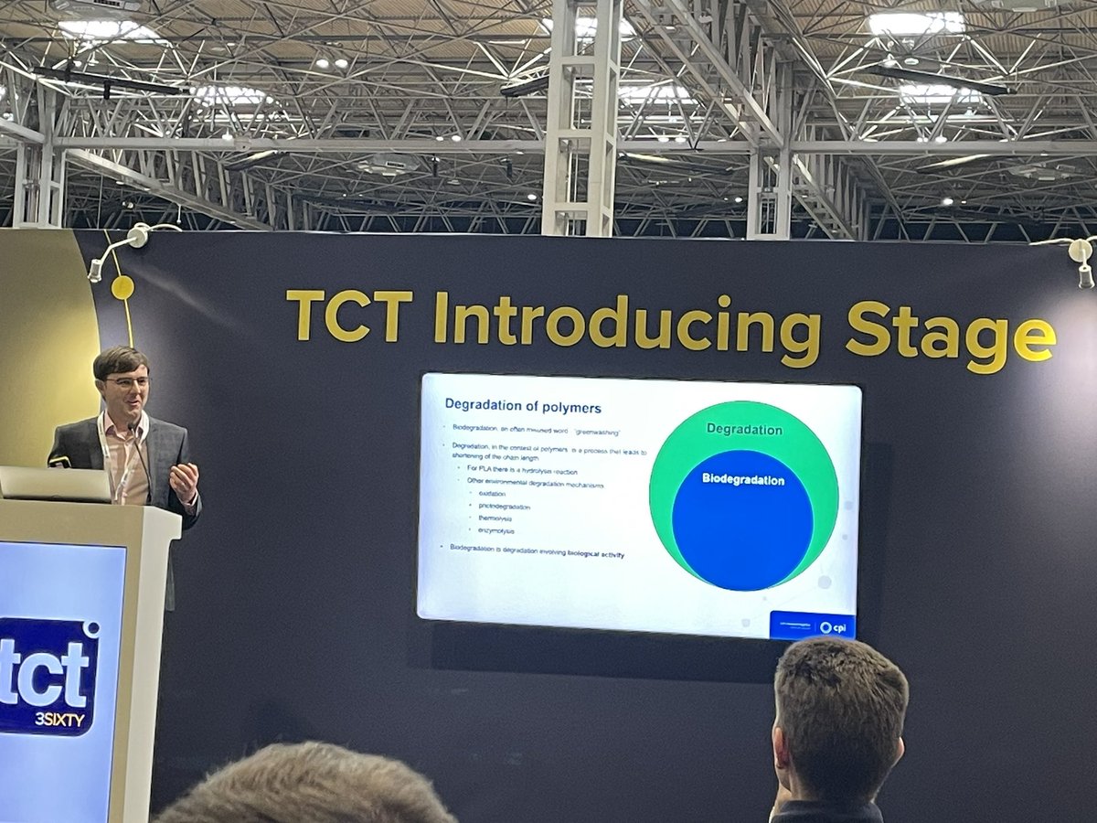 Super Interesting talk at <a href="/TCT3Sixty/">TCT 3Sixty</a> on whether one of the most popular FDM materials, PLA, is Biodegradable - maybe yes, maybe no ¿
#3Dprinting #fdm #manufacturing #polymers
