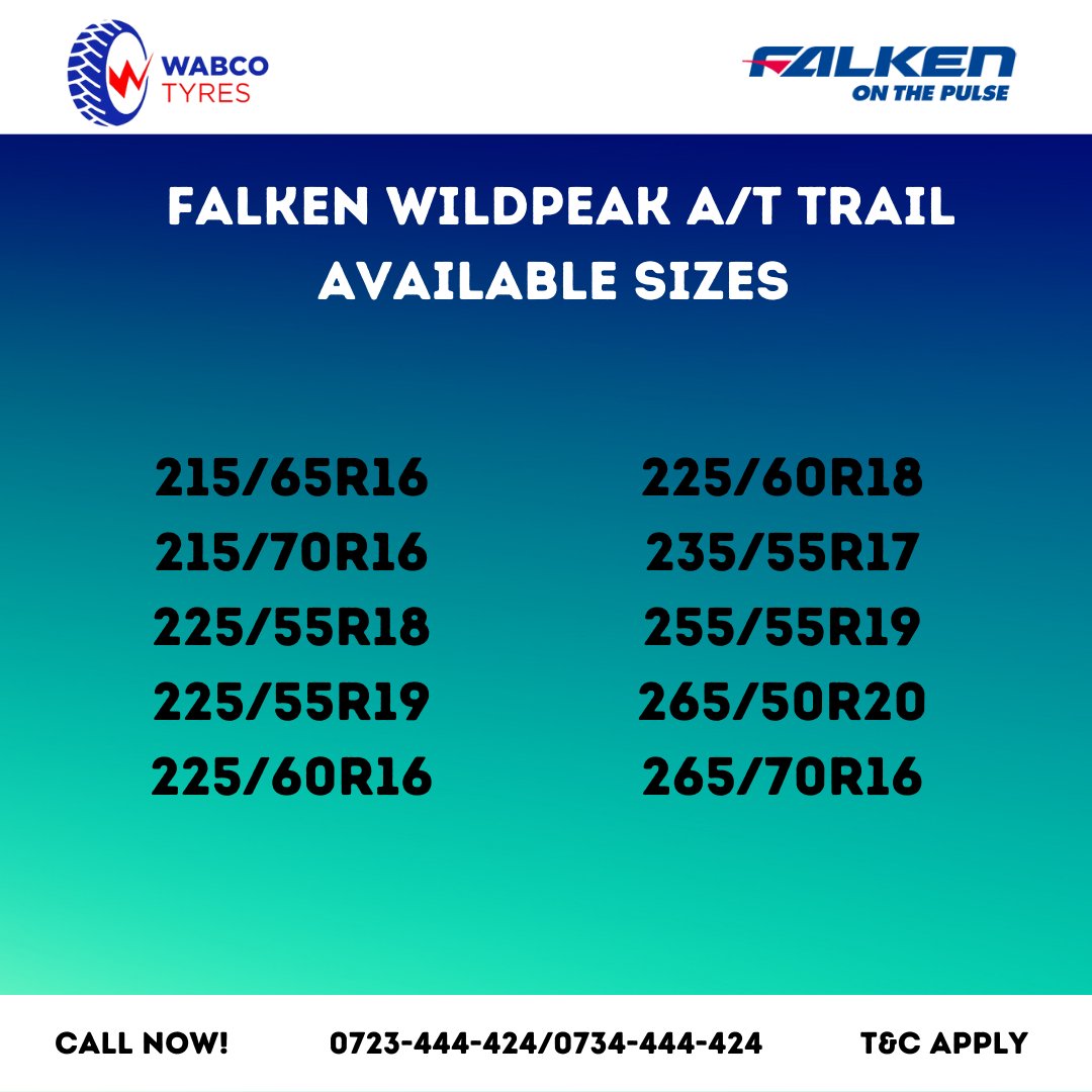 Wabcomobilityke's tweet photo. Your driving needs covered!
Visit any @WabcoTyreskenya Branch, upgrade your tyres and get FREE @NBOExpresswayKE Toll Voucher worth up to 3,000 bob!
#FalkenTyres #WabcoTyres #Falkenkenya #Onroad #Offroad #Wildpeak #Attrail #Tyres #Expressbilastress https://t.co/0hs7pkNPmf