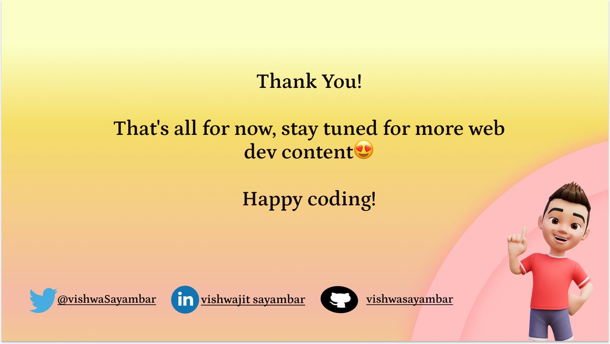 vishwaSayambar's tweet image. That&apos;s all for now, stay tuned for more updates😍
I hope this helps!
Happy coding!
🔔 Follow
@vishwaSayambar

For: 🌐 Web Development content

#100DaysOfCode #learning #Angular #100daysofcodechallenge
#angular #angulardeveloper #learner #tips #react #angulartips