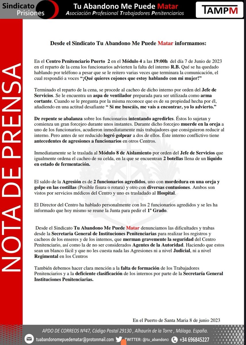 TAMPMPuertos's tweet photo. 💢 NUEVA AGRESIÓN  CP PUERTO 2

🔹Ayer tarde 1 interno con Antecedentes de Agresiones.

❌ AGREDE a 2 Trabajadores mientras lo cacheaban  al encontrarle 1 Aspa de ventilador como ARMA BLANCA.

👉 1 con Mordisco en la Oreja y Golpe Costillas y otro con Contusiones.

#TAMPM 🗳️#20J https://t.co/8VRoKCMjr1