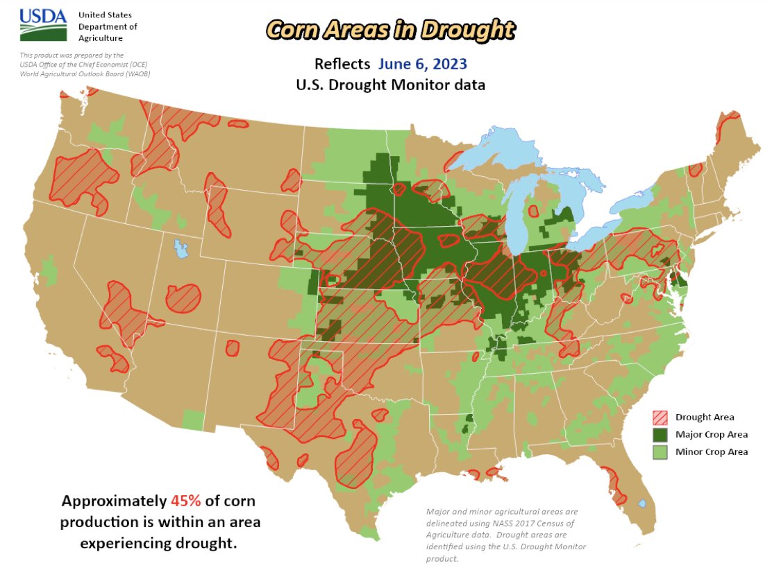 FarmPolicy's tweet image. Approximately 45% of #corn🌽production is within an area experiencing #drought.