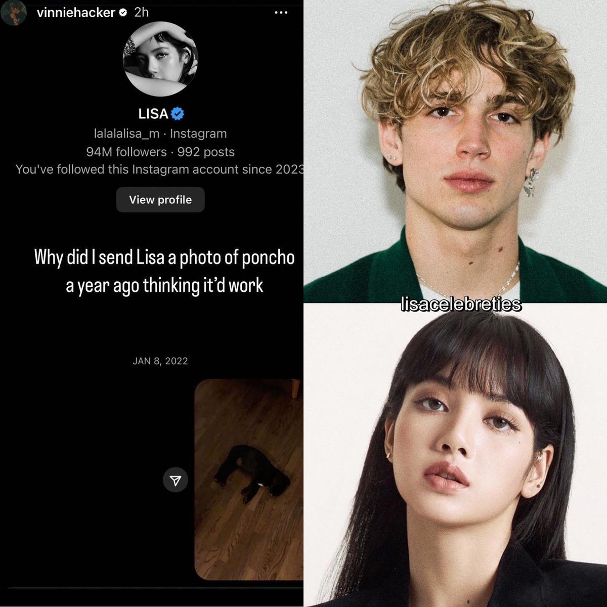 lisacelebreties's tweet image. American social media phenomenon Vinnie Hacker shared a dm he sent to Lisa on his Instagram account.
“Why I did send Lisa a photo of Poncho a year ago thinking it'd work.”
#VINNIEHACKER #LISA