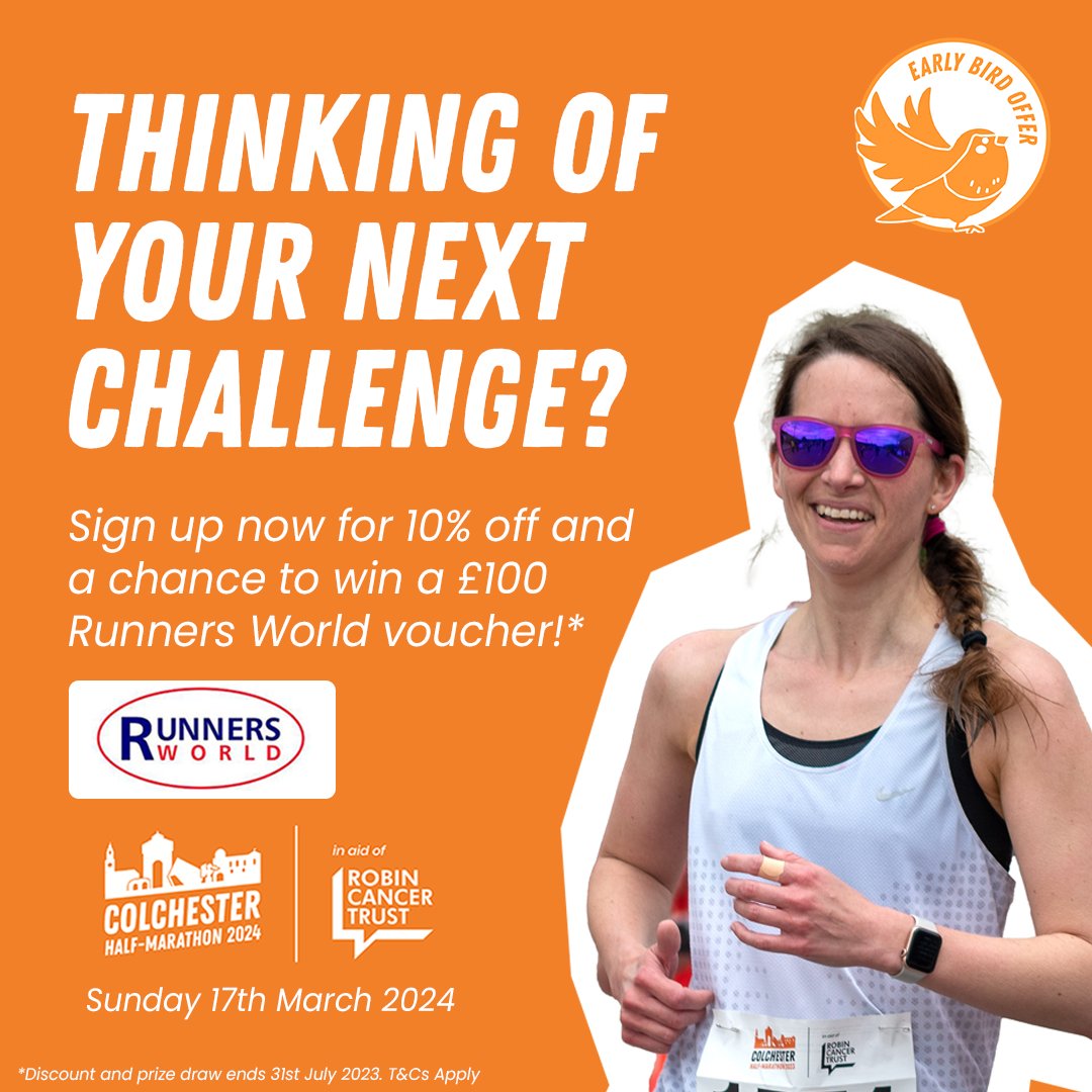 GET 10% OFF WITH EARLY BIRD DISCOUNT 🧡

Join us on 17/3/24🏃 Sign up before the 31st July for a chance to win a £100 Runners World voucher! (T&amp;C's apply - discount and prize draw ends 31st July 2023) colchesterhalfmarathon.com