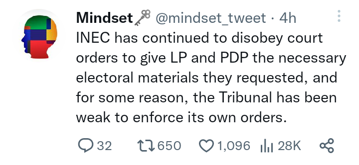 I still can't understand why INEC is standing for d ruling party, if d election is run in a way INEC is unaware dey should be able to stand against rigging,rather dey are defending the evidence found against the election conducted.. what's INEC hiding 🤔 #NigerianElections2023