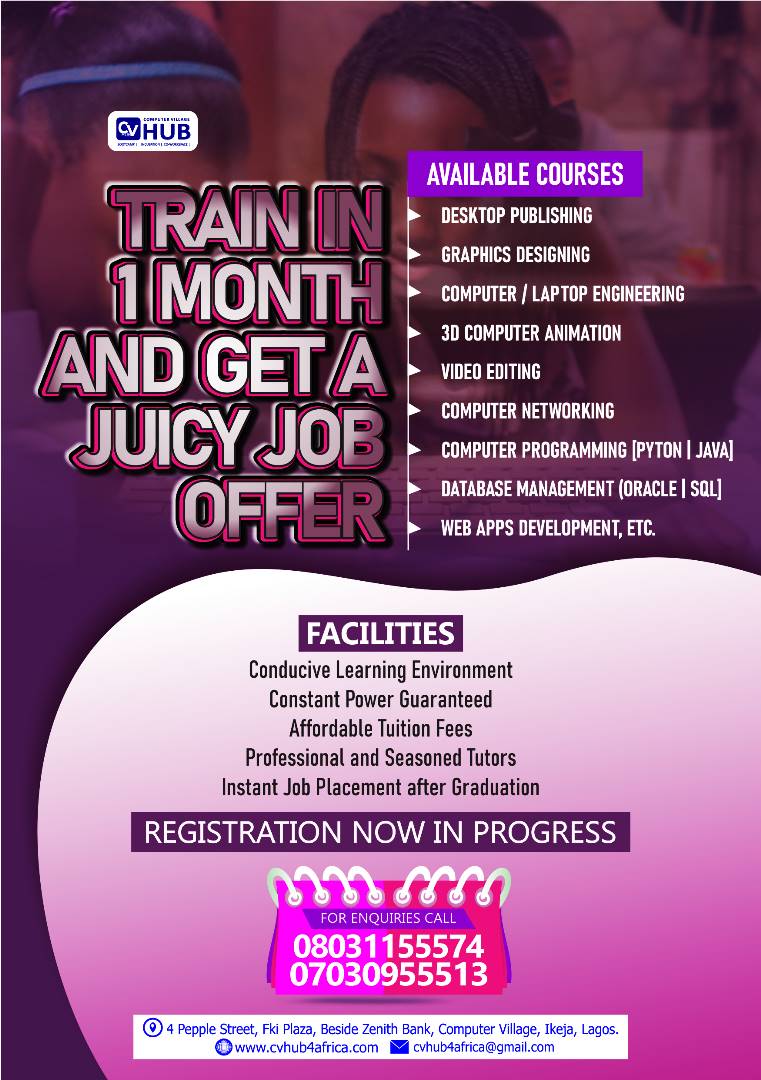 cvhub4africaNig's tweet image. Want to venture into the realm of coding, video editing, graphics designing, web development etc...say no more as cvhub4africa is here to help you actualize your dream....keep to your registration coming in!!!!!!!!
#computertraining #graphicdesign #codingskills #webtraining