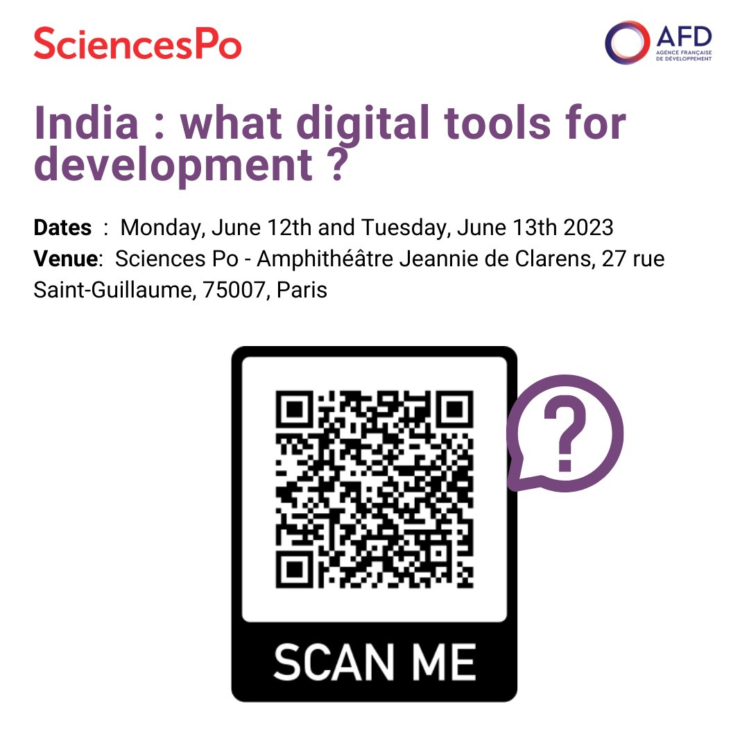 L’Emerging Tech Lab de l'<a href="/AFD_France/">Agence Française de #Développement (AFD) 🇫🇷 🇪🇺</a>  a le plaisir de vous inviter au colloque intitulé "L'Inde : Quels outils numériques pour le #développement ?" qui se tiendra les 12 et 13 juin à <a href="/sciencespo/">Sciences Po</a> Paris (Amphithéâtre Jeannie de Clarens)
cc <a href="/PMarteyAddo/">Peter Martey Addo</a>