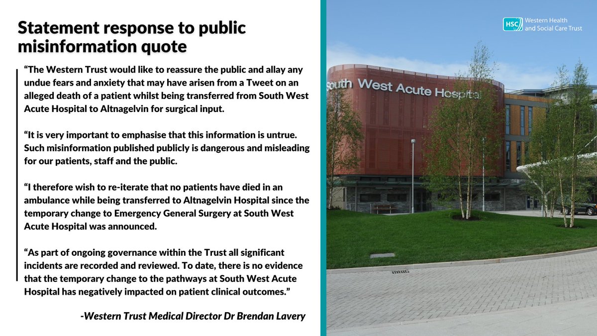WesternHSCTrust's tweet photo. Statement response to public misinformation quote
Medical Director Dr Brendan Lavery:
“It's very important to emphasise that this information is untrue. Such misinformation published publicly is dangerous and misleading for our patients, staff &amp; the public..."
@NIAS999
@healthdpt https://t.co/aw49Hq8ou7
