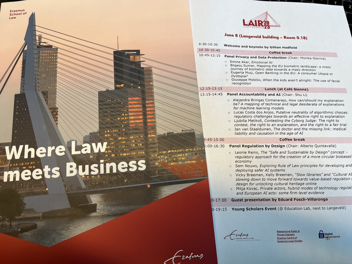 Today, I am starting a two-week research visit to <a href="/erasmusuni/">Erasmus University</a> Rotterdam <a href="/ErasmusESL/">Erasmus School of Law</a> just in time for the <a href="/LAIRconference/">Conference on Law, AI, and Regulation (LAIR)</a> on #Law, #AI and #Regulation with many inspiring presentations. I am very grateful for this opportunity.