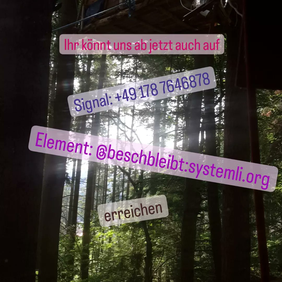 BeschBleibt's tweet photo. Falls ihr den Wald sicher über Element (Matrix) oder Signal erreichen.
Element: @beschbleibt:https://t.co/MubsKKtNRb
Signal: +49 178 7646878
1/2 https://t.co/C1GRIsCIWH