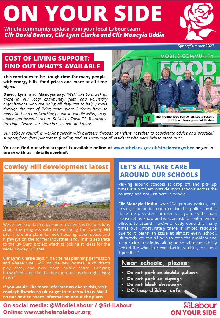 WindleLabour's tweet photo. 🗞️ Our latest community newsletter will be dropping across #Windle in the next few weeks, featuring

🤝 Cost of living support latest
🏗️ Cowley Hill update
🚗 Problem parking around our schools, &amp; more.

Look out for it, &amp; as always any questions please do get in touch 🌹 https://t.co/qnlrbV7mhy