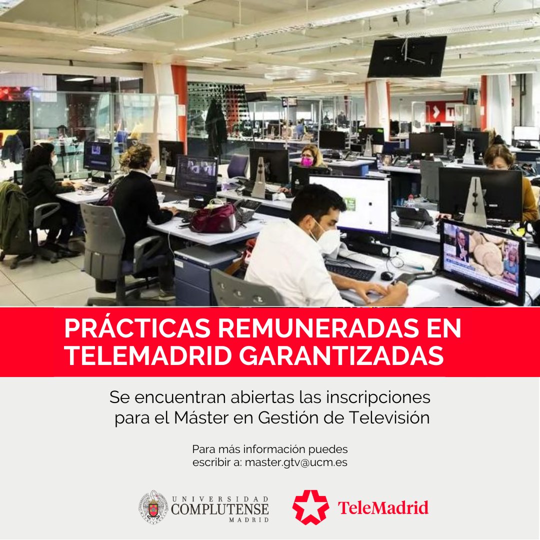 telemadrid's tweet photo. 📷 ¿Quieres dedicarte al mundo de la #televisión? Ya puedes apuntarte al máster organizado por la Universidad Complutense de Madrid y Telemadrid. Infórmate aquí: https://t.co/lUf6BVsKGL
#mastertv #master @mastergestiontv https://t.co/ZumwP8rahz