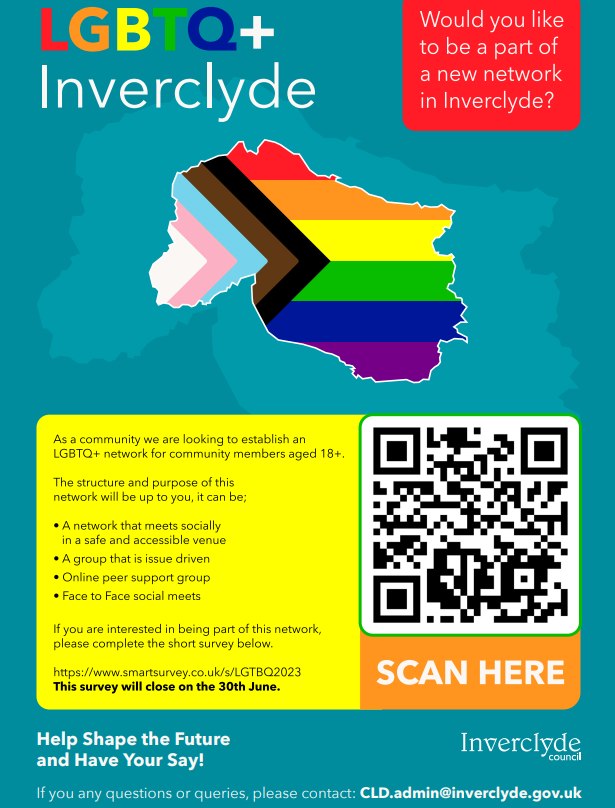 CVSInverclyde's tweet photo. Pride Month! 🌈

Inverclyde Community Learning and Development are looking to establish an LGBTQ+ network within Inverclyde – click here to take the survey https://t.co/ImovnNpa2R https://t.co/FMQGL2diWC