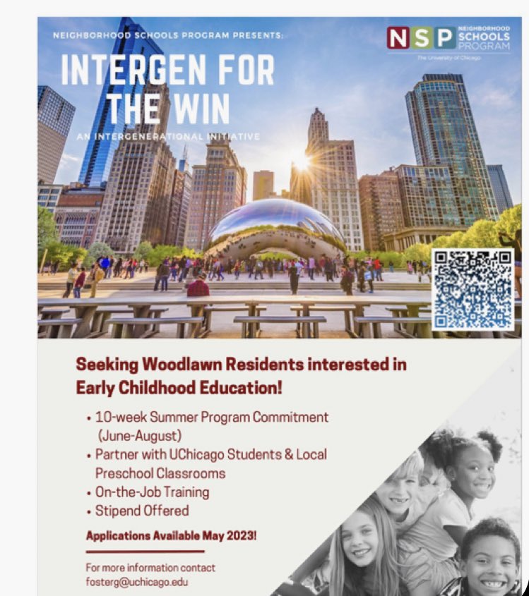 Calling all *Woodlawn* residents! The Intergenerational Initiative is still looking for residents interested in Early Childhood Education to join their 10-week summer program. Stipends offered. Contact Fosterg@uchicago.edu 👍🏽