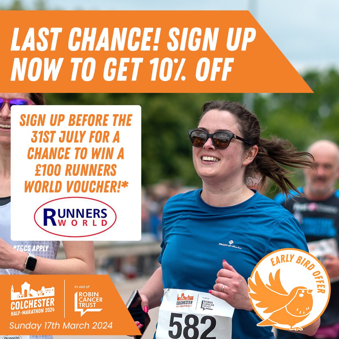 LAST CHANCE TO GET 10% OFF WITH EARLY BIRD DISCOUNT 🧡

Join us on 17/3/24🏃 Sign up before the 31st July for a chance to win a £100 Runners World voucher! (T&amp;C's apply - discount and prize draw ends 31st July 2023) colchesterhalfmarathon.com