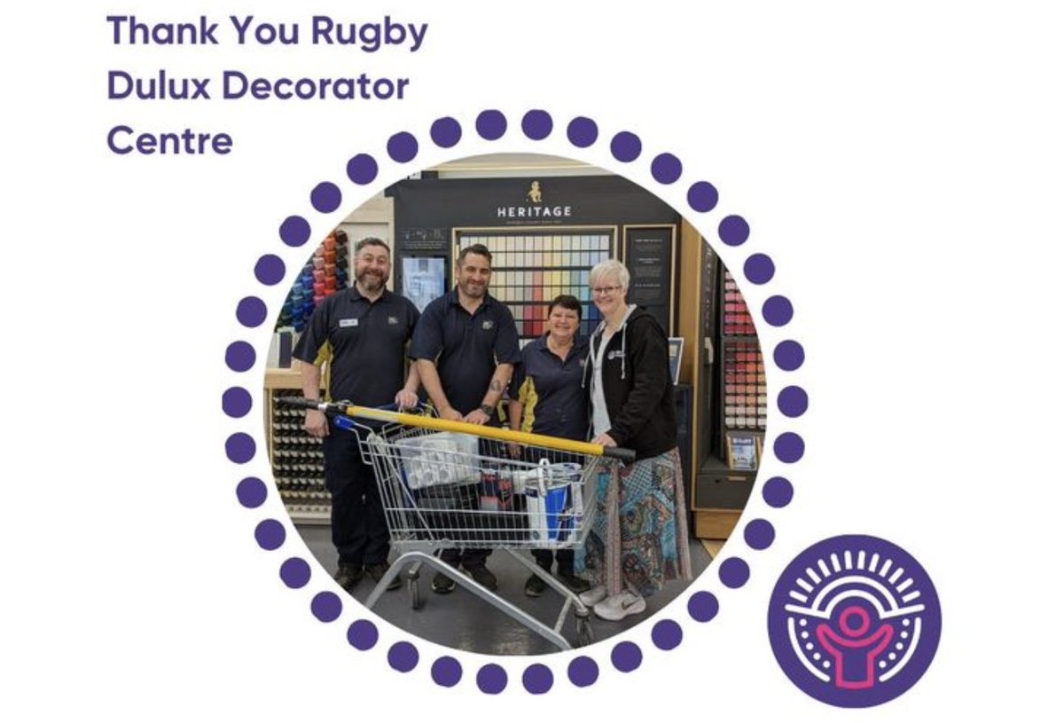 Huge shout out to Dulux Decorator Centre in Rugby for their help, support &amp; generosity after their wonderful donation of paint and decorating supplies for the renovation of our premises in Rugby.  Huge thanks to you all, you've been amazing