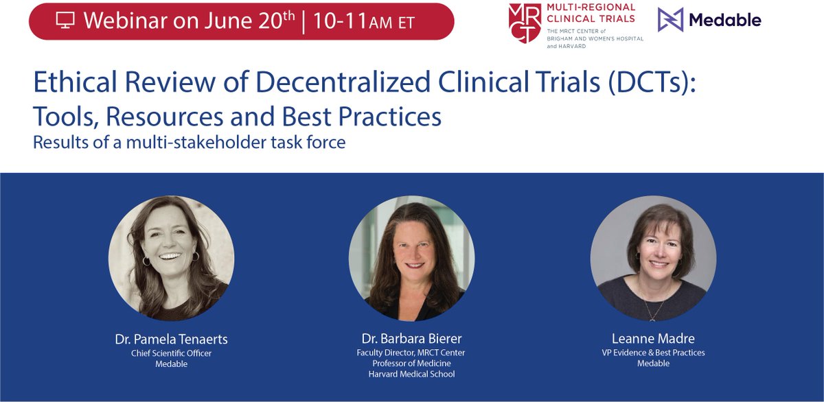 Multi-Regional Clinical Trials Center (@mrctcenter) on Twitter photo Looking to streamline your DCT ethical review? The <a href="/MRCTCenter/">Multi-Regional Clinical Trials Center</a> and @Medable convened a multi-stakeholder task force to tackle the unique ethical and regulatory facets of Decentralized Clinical Trials #DCTs. Join 6/20 at 10 AM ET: “Ethical Review of DCTs” conta.cc/3WzhdT0 Looking to streamline your DCT ethical review? The <a href="/MRCTCenter/">Multi-Regional Clinical Trials Center</a> and @Medable convened a multi-stakeholder task force to tackle the unique ethical and regulatory facets of Decentralized Clinical Trials #DCTs. Join 6/20 at 10 AM ET: “Ethical Review of DCTs” conta.cc/3WzhdT0