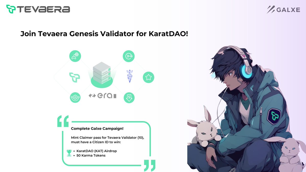 Tevaera ๐ฎ (@tevaera) on Twitter photo #Tevaera Genesis Validator node is now live for <a href="/KaratDAO/">KaratDAO ๐ฅ AI Prediction Market Agent</a> on zkSync Era.
๐ Mint a Claimer pass for Tevaera Genesis Validator. Must have Citizen ID to win:
๐ช First round of Karat tokens $KAT Airdrop
๐ 50 Karma tokens each (FCFS)
Galxe link: galxe.com/Tevaera/campaiโฆ
1/๐งต #Tevaera Genesis Validator node is now live for <a href="/KaratDAO/">KaratDAO ๐ฅ AI Prediction Market Agent</a> on zkSync Era.
๐ Mint a Claimer pass for Tevaera Genesis Validator. Must have Citizen ID to win:
๐ช First round of Karat tokens $KAT Airdrop
๐ 50 Karma tokens each (FCFS)
Galxe link: galxe.com/Tevaera/campaiโฆ
1/๐งต