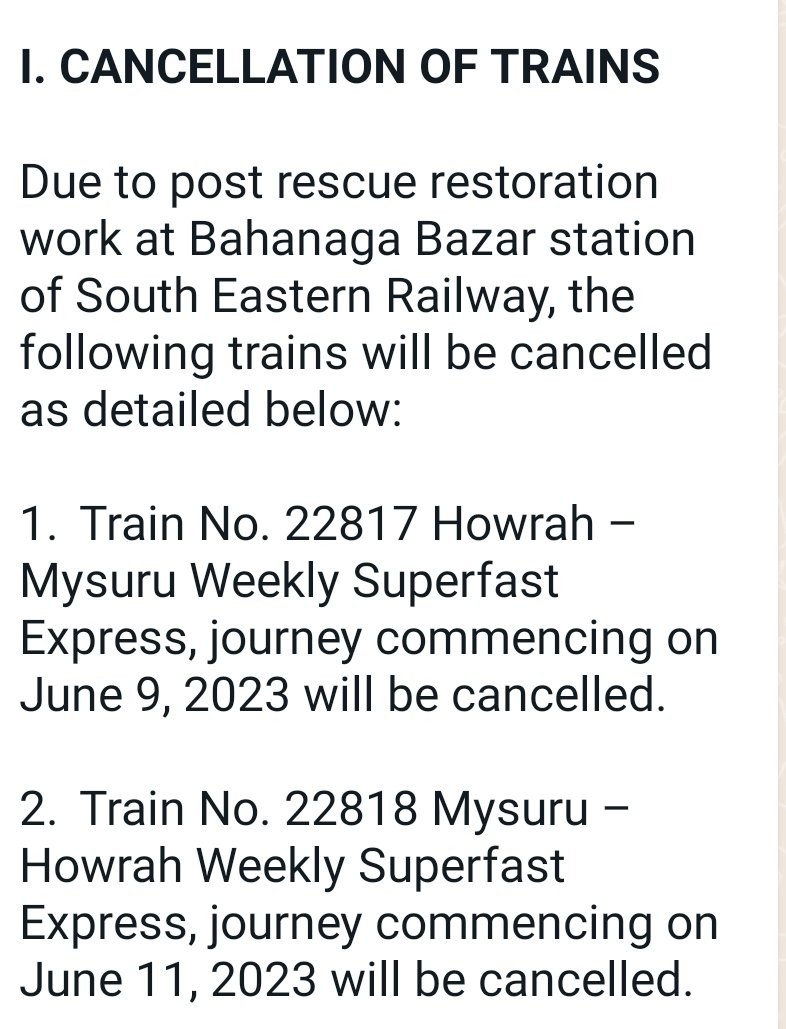 #TrainAccidentInOdisha  Weekly
Superfast Express Howrah- Mysuru cancelled tom & Mysuru - Howrah cancelled on June 11 @XpressBengaluru @NewIndianXpress @KannadaPrabha @KARailway @MysuruRailUsers