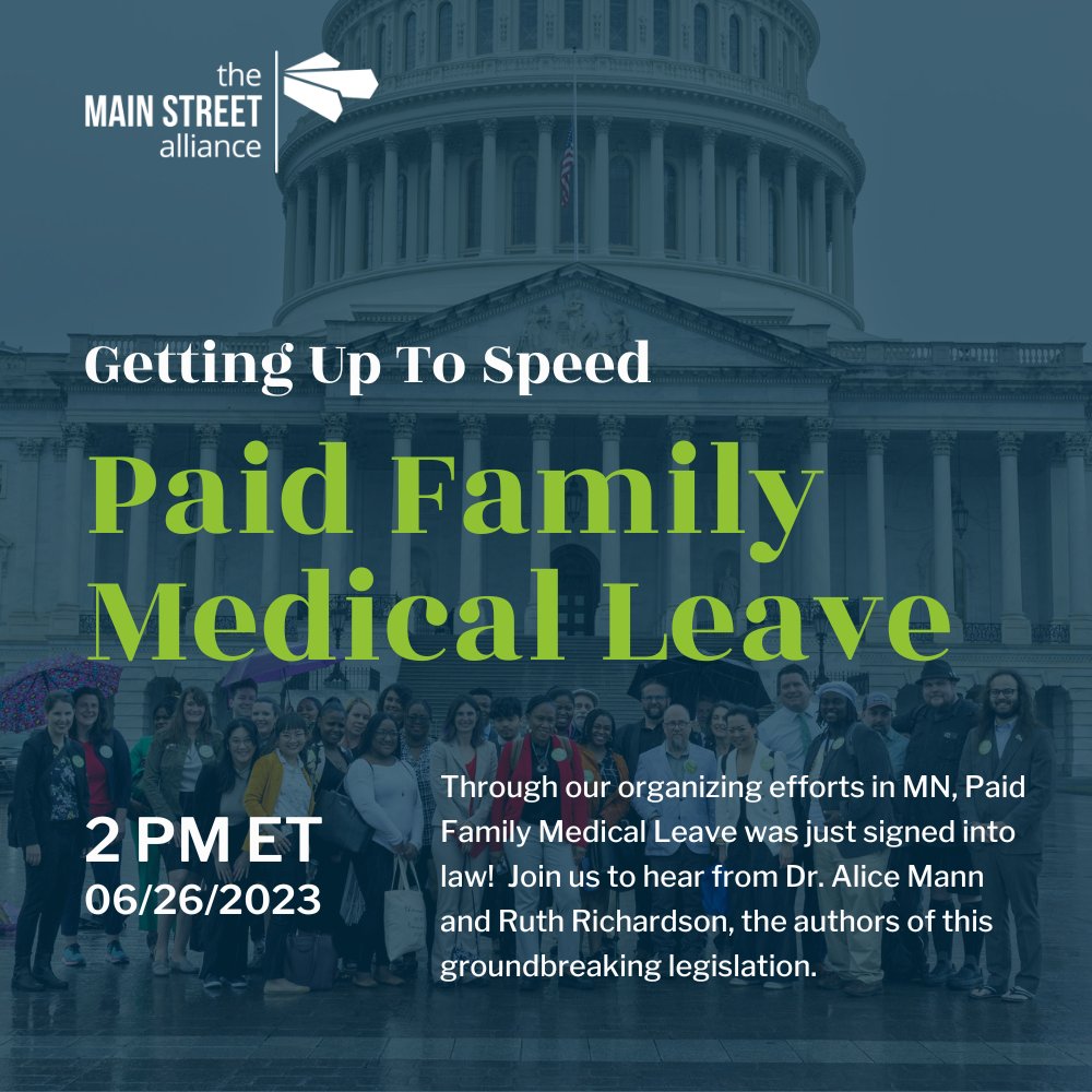 mainstreetweets's tweet photo. Paid Family Medical Leave is now law in Minnesota. What does it mean for your small business? Find out at our upcoming Getting Up To Speed session from the authors of the groundbreaking legislation, Dr. Alice Mann and Ruth Richardson. Register here: https://t.co/QgSK3itzZr https://t.co/xyf6ieW2jN