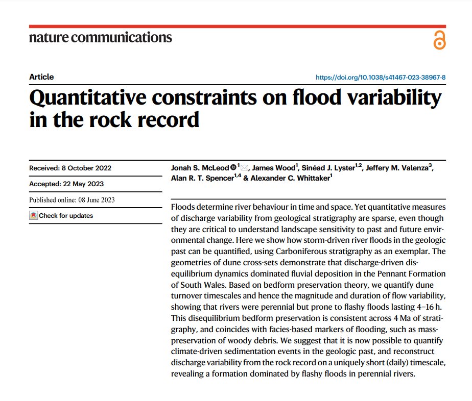 🚨My first first-author paper on fluvial geology is published in <a href="/NatureComms/">Nature Communications</a> !! 🚨 We show how ancient river dunes can be used to reconstruct the size and duration of floods 300 million years ago  👉rdcu.be/dd3nz 👈More info below 🙂⛈️⚒️ #nature #floods (1/6)