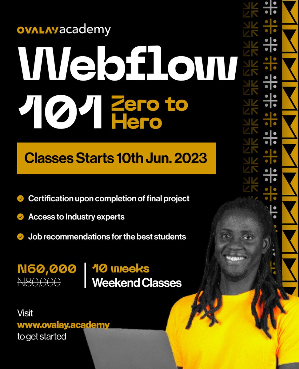 ovalaydigital's tweet image. Announcement📢
Our Webflow and Frontend Development classes start this Saturday.
Visit ovalay.academy to sign up now.
#frontendcourse #webflowcourse