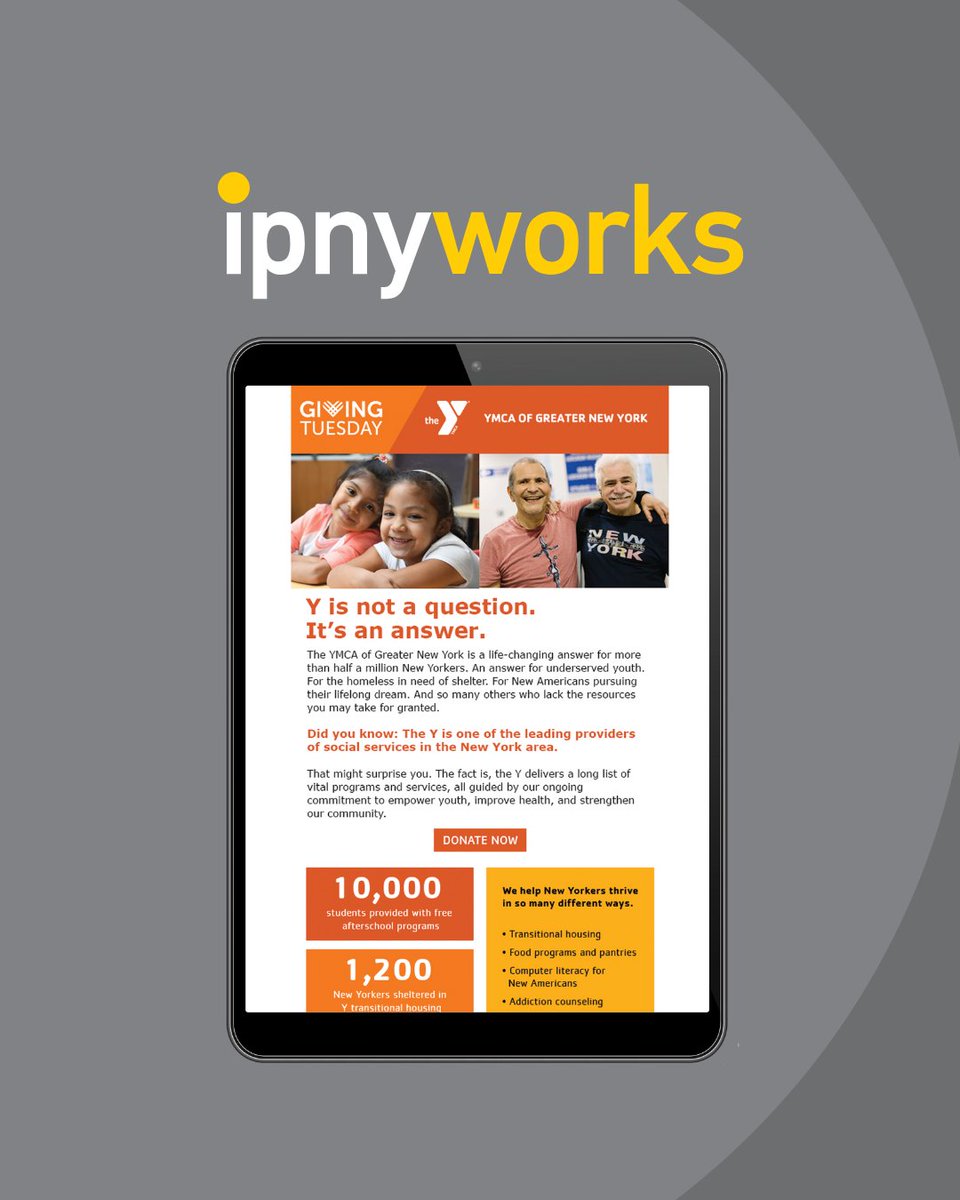 IPNYTweets's tweet photo. This compelling digital campaign aimed to raise funds for the YMCA of New York’s critical services. Our clients hailed IPNY’s work as one of the most successful Giving Tuesday campaigns ever launched.

See more: https://t.co/R1H1qM4YxT https://t.co/VgrCGqQqfT