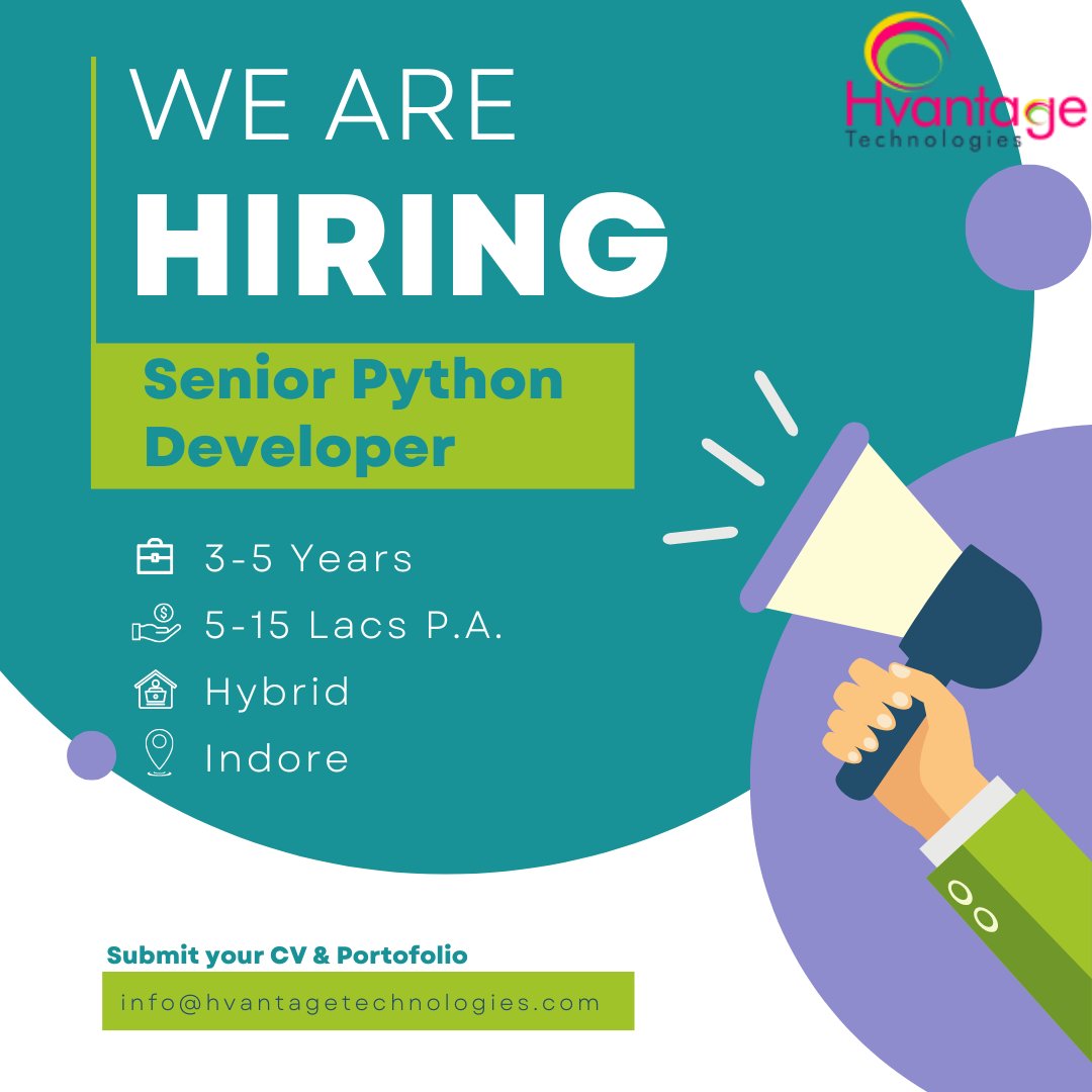 HvantageUSA's tweet image. Wonderful Opportunity!! #SeniorPythonDeveloper
Job Location: Indore
Job Type: Full-Time
Experience required: 3-5 years
Apply NOW- shorturl.at/lryKQ
Contact Us: info@hvantagetechnologies.com
#pythondeveloper #jobs #jobsearch #job #hiringnow #jobseekers #jobopening