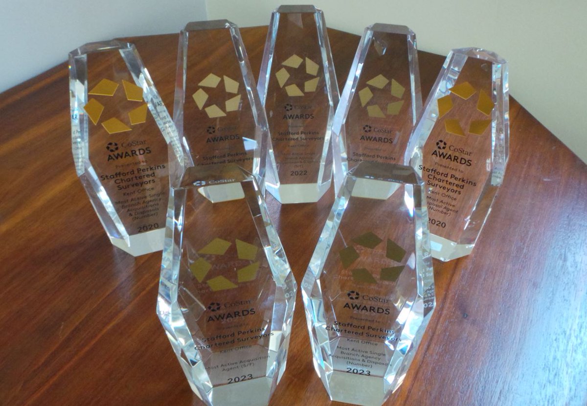 SP_Ashford's tweet photo. Our latest two awards from #CoStar have now arrived and we’re thrilled to add them to our collection. We won the Kent market awards for Most Active Single Branch Agency - Acquisitions and Disposals by number, and Most Active Acquisition Agency by Sq.Ft.  
And here they all are.. https://t.co/E1BppflwOc
