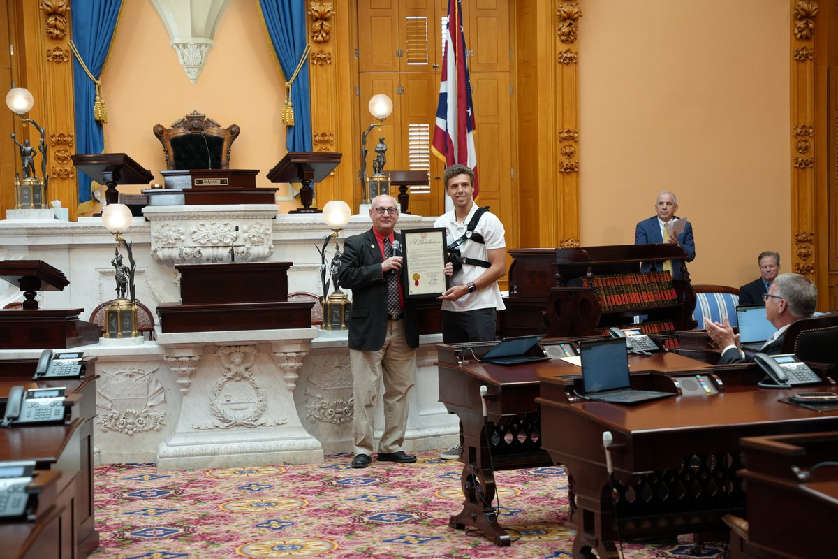 SenBillDeMora's tweet photo. Some all-star athletes visited the Statehouse yesterday! Congrats to Andrew Lutschaunig &amp; James Trotter from @OhioStateMTEN on their national championship and the @SFDStallions Boys Volleyball on their state championship! Stellar athletes and people! https://t.co/iKko73ajn6
