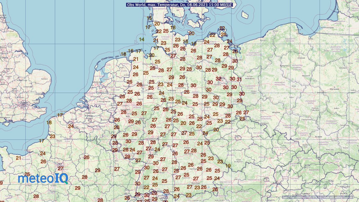 meteoiq's tweet photo. Berlin und Umland sind heute der Hotspot Deutschlands und erleben einen heißen Tag mit mehr als 30°C. 
Höchste Temperaturen bis 15 Uhr:
Berlin-Eiskeller: 31,8°C
Manschnow: 30,6°C
Berlin-Wannsee: 30,6°C
Berlin-Buch: 30,5°C
Potsdam: 30,5°C

cc: @Tagesspiegel @rbb24 @morgenpost https://t.co/R3o5Ckoem5