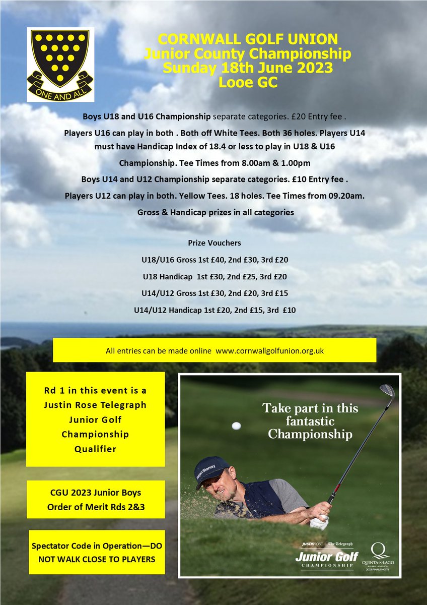 CornwallGolfLtd's tweet photo. The CGU is pleased to be staging a qualifier @LooeGolfClub  on Sunday 18th June for the @TelegraphJunior @swsportsnews #JustinRoseTelegraphJunior #JuniorGolf #Qualifier @JustinRose99 Any more entries get in touch! https://t.co/etz6pZo3vn