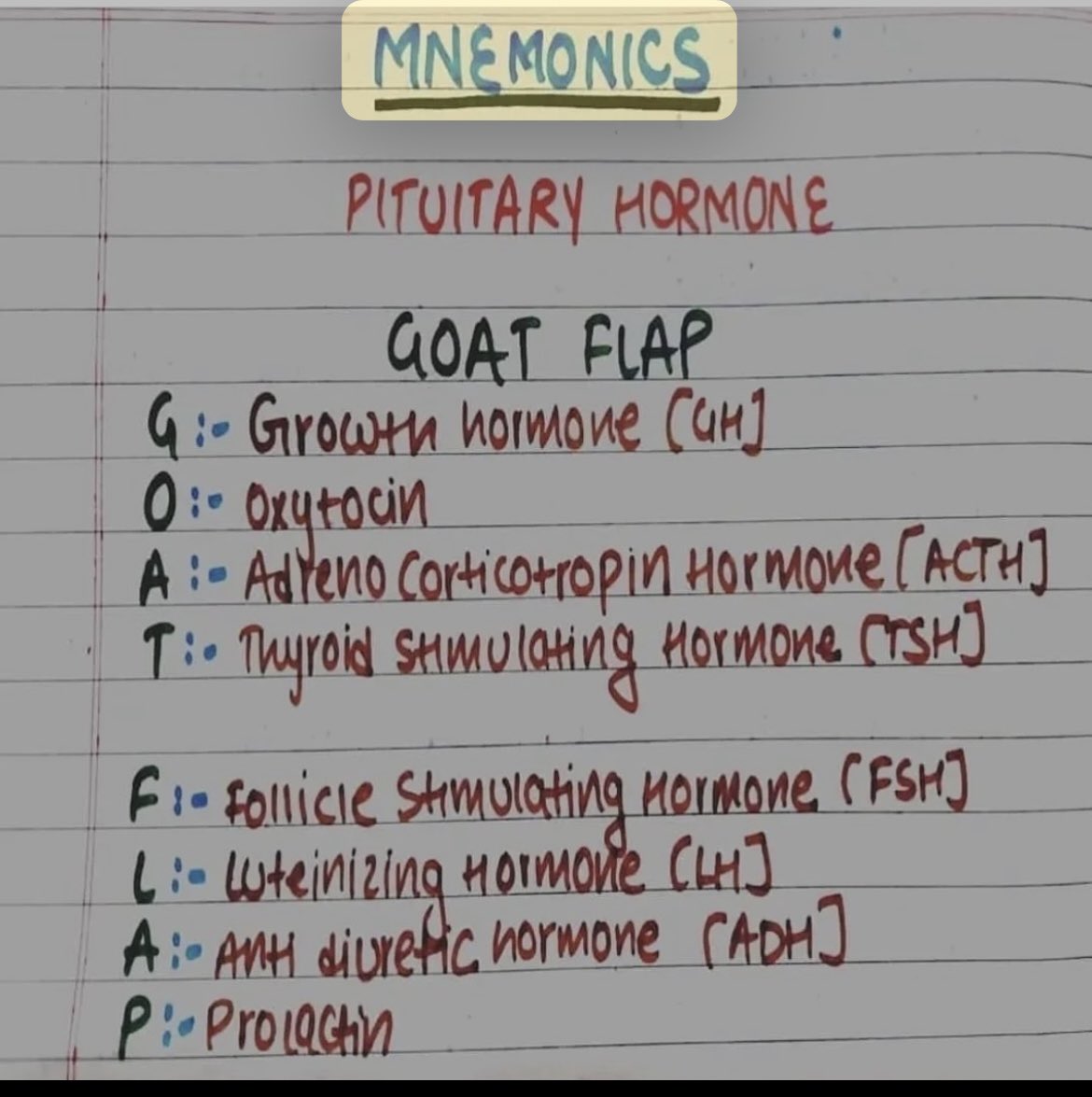 Pituitary hormones and mnemonic