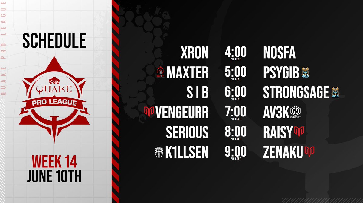 🔜Get ready for #QuakeProLeague Week 14! 

🎙️<a href="/Lethal_HT/">Lethal</a> <a href="/ZsxOnline/">Dan Sanders</a>
👓<a href="/djWHEAT/">djWHEAT</a> headlining featured matches  

 Saturday at 4 PM CEST | 10 AM ET 
📺twitch.tv/quake 
📺youtube.com/quake