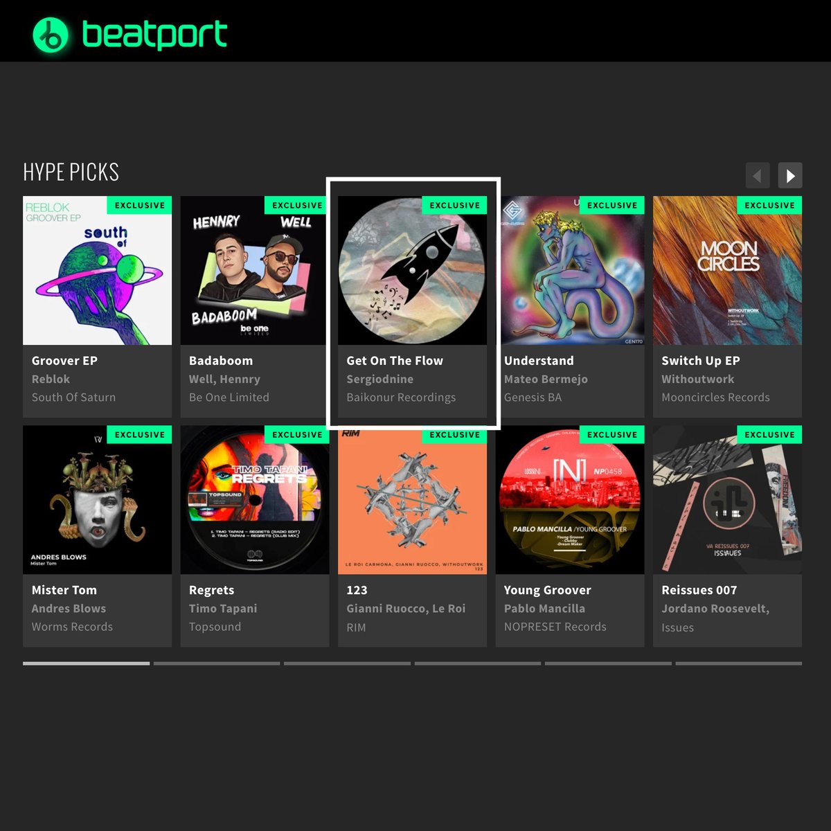 BaikonurRec's tweet photo. Get On The Flow EP by Sergiodnine has been picked by  curators ⭐ Don’t miss this release 👉 https://t.co/KIePM5mD0o #beatport #beatportfeatured #beatporthype #beatportchart #beatporttop100 #lwstorefeature https://t.co/KKm4s0lBfj