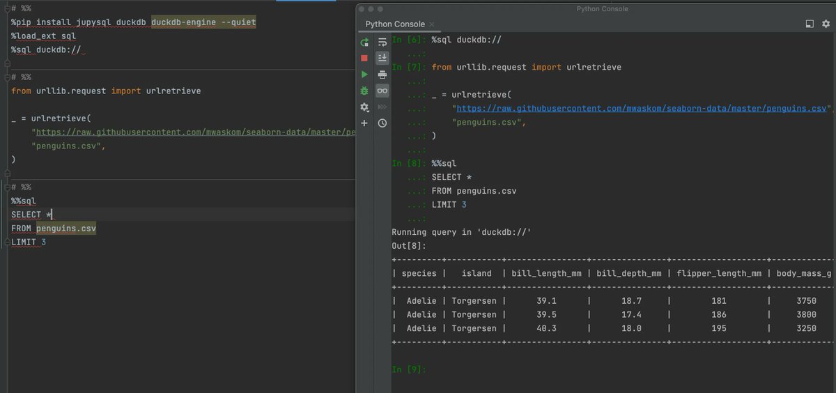 ploomber's tweet photo. ๐๐ Dive into our latest tutorial on embedding #JupySQL magics in your favorite Python IDEs like #VSCode, #Spyder, and #PyCharm!๐ป
https://t.co/oYh7qHvZYl
Transform the way you approach #DataScience, and #SQL queries with Python!๐ https://t.co/6cOXvB6xEs