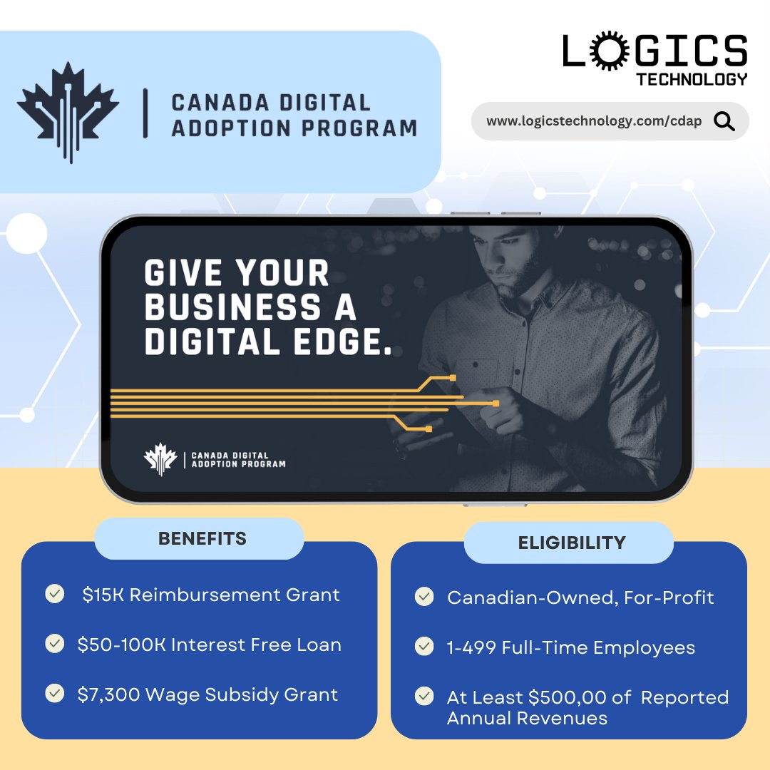 Can your business receive grants and loans from the Canadian Digital Adoption Plan? Book a meeting with Logics to get started! 📈💡 
#cdap #boostyourbusiness #digitalservices #boostyourbusiness #digitaladoptionplan #governmentofcanada #governmentfunding #technology