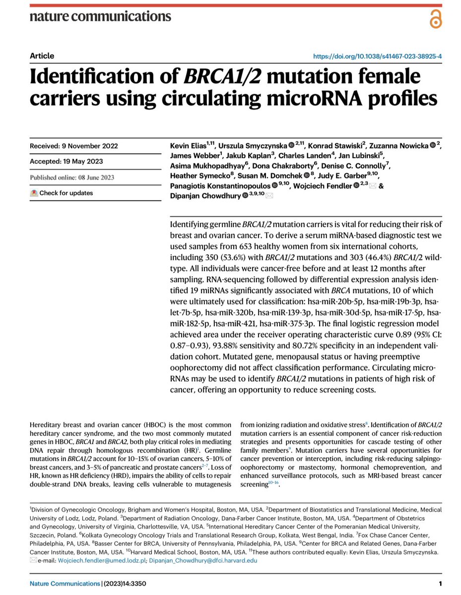 ChowdhuryLab's tweet photo. It is a great pleasure to share our recent publication demonstrating that circulating microRNAs may be used to identify BRCA1/2 mutations in patients of high risk of cancer, offering an opportunity to reduce screening costs. 
#earlydetection #microRNAs 
https://t.co/nG9Md4mCrr https://t.co/uJjYqTBmhD