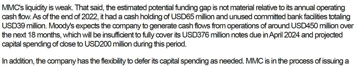 wickhamshill's tweet photo. Moodys placed https://t.co/w5bPf42s4j on watch today citing weak liquidity and an unbridged funding gap. Our numbers and conversations with management however point to the company being net cash by the end of the year and materially ahead of its April 2024 maturity. #coal #HCC https://t.co/T57gIgBaDl