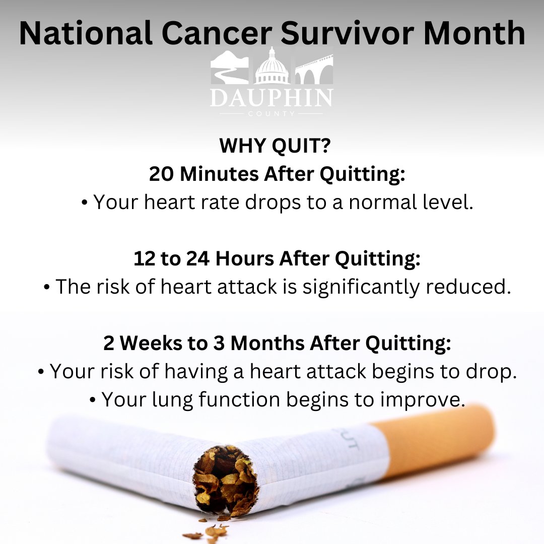 June is National Cancer Survivor Month! Quit today! 
For help quitting, contact: 1-800-QUIT-NOW (1-800-784-8669) or text- QUITNOW to 333888