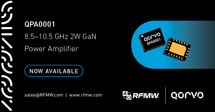 RFMWLtd's tweet image. @QorvoInc’s is a packaged driver amplifier fabricated on their 0.15 um QGaN15 on SiC process. Operating from 8.5-10.5 GHz, it can deliver 2W saturated output power, 50% power-added efficiency, & 27dB of large signal gain. Learn more: ow.ly/9w5W50OFM3Z
#PhasedArray