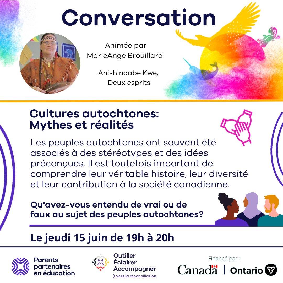 Pour souligner le Mois national de l'histoire autochtone, <a href="/ppeontario/">PPE</a> offre une Conversation intitulée "Cultures autochtones: Mythes et réalités", animée par MarieAnge Brouillard, une Anishinaabe Kwe, le jeudi 15 juin à 19 h. Inscrivez-vous au eventbrite.ca/e/647080704807 #MNHA2023