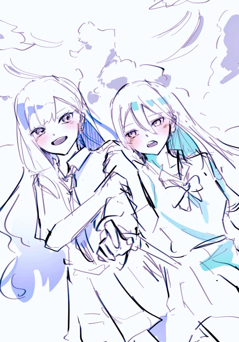 2girls multiple girls long hair skirt blush school uniform cloud  illustration images