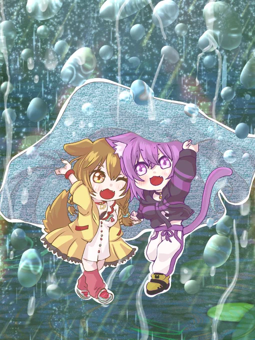 おかころお絵描き。雨は憂鬱になるけど2人なら楽しく乗り切りそう。 #できたてころね #絵かゆ #猫又おかゆ #戌神ころね